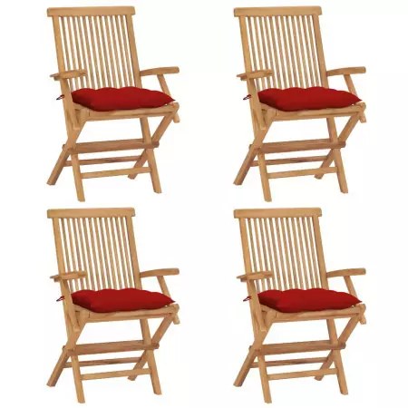 Sedie da Giardino con Cuscini Rossi 4 pz Massello di Teak