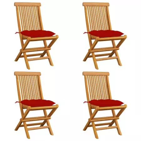 Sedie da Giardino con Cuscini Rossi 4 pz Massello di Teak