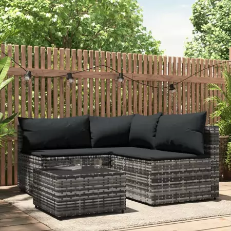 Set Divani da Giardino 4 pz con Cuscini in Polyrattan Grigio