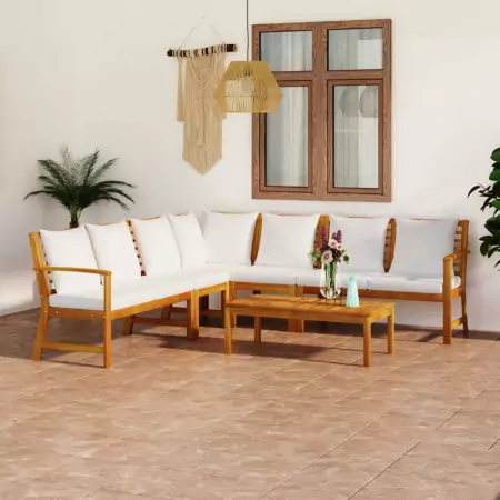 Set Divani da Giardino 6 pz con Cuscini Crema in Legno Acacia