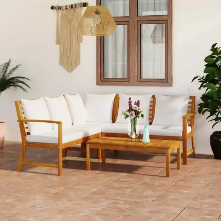 Set Divani da Giardino 4 pz con Cuscini Crema in Legno Acacia