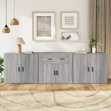 Credenze 3 pz Grigio Sonoma in Legno Multistrato