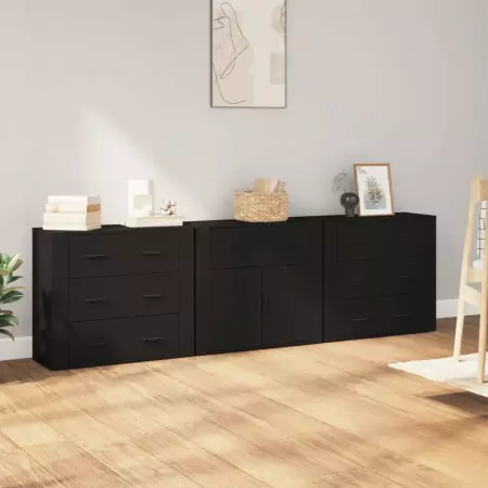 Credenze 3 pz Nere in Legno Multistrato