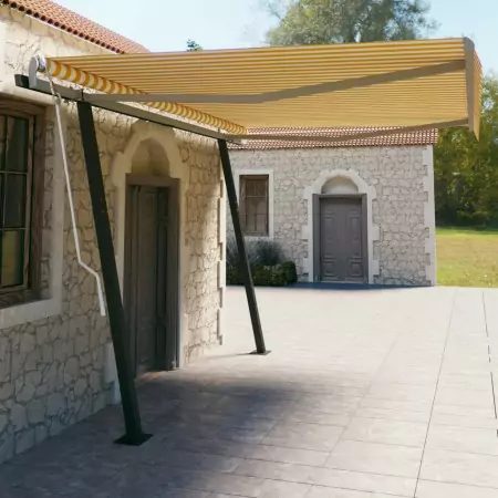 Tenda da Sole Retrattile Manuale con Pali 4,5x3 m Gialla Bianca