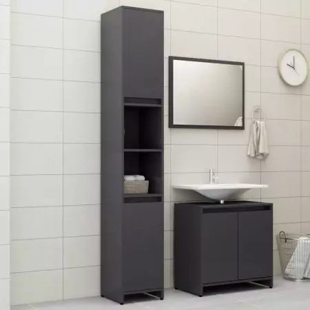 Set Mobili da Bagno 3 pz Grigio Lucido in Truciolato