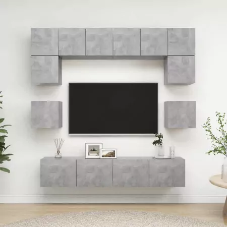 Set Porta TV 8 pz Grigio Cemento in Truciolato