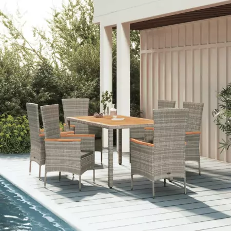 Set da Pranzo da Giardino 7 pz con Cuscini in Polyrattan Grigio