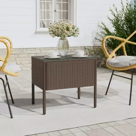 Tavolino Marrone 53x37x48 cm Polyrattan e Vetro Temperato