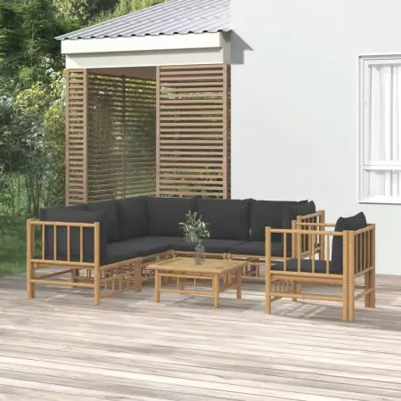 Set Salotto da Giardino 7pz con Cuscini Grigio Scuro Bambù