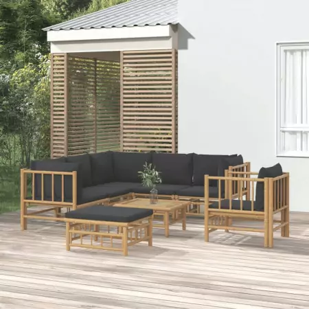 Set Salotto da Giardino 8pz con Cuscini Grigio Scuro Bambù