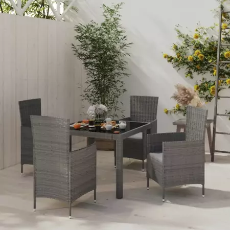 Set da Pranzo da Giardino 5 pz con Cuscini in Polyrattan Grigio