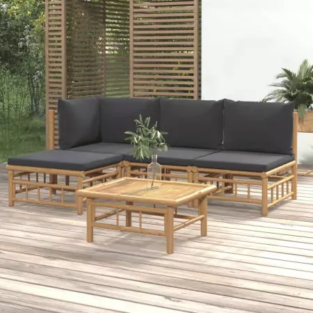 Set Salotto da Giardino 5pz con Cuscini Grigio Scuro Bambù